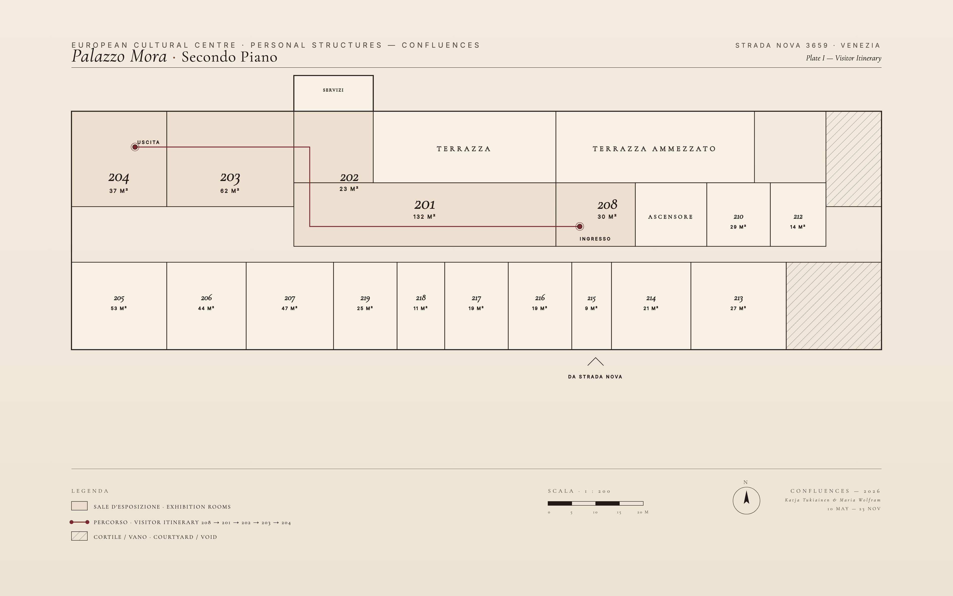 Palazzo Mora — Secondo Piano. Editorial visitor itinerary 208 → 201 → 202 → 203 → 204.